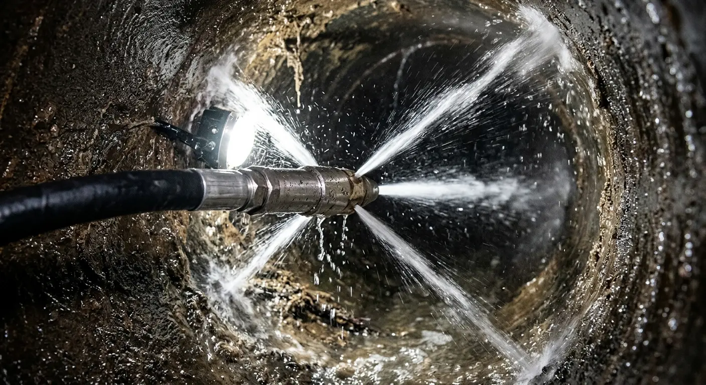 High-pressure hydro jetting nozzle cleaning sewer pipe for Trenchless Sewer Repair in Lyndon