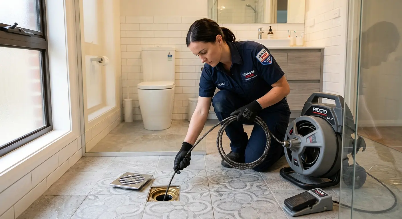 Technician clearing a bathroom floor drain for Drain Cleaning in Lyndon